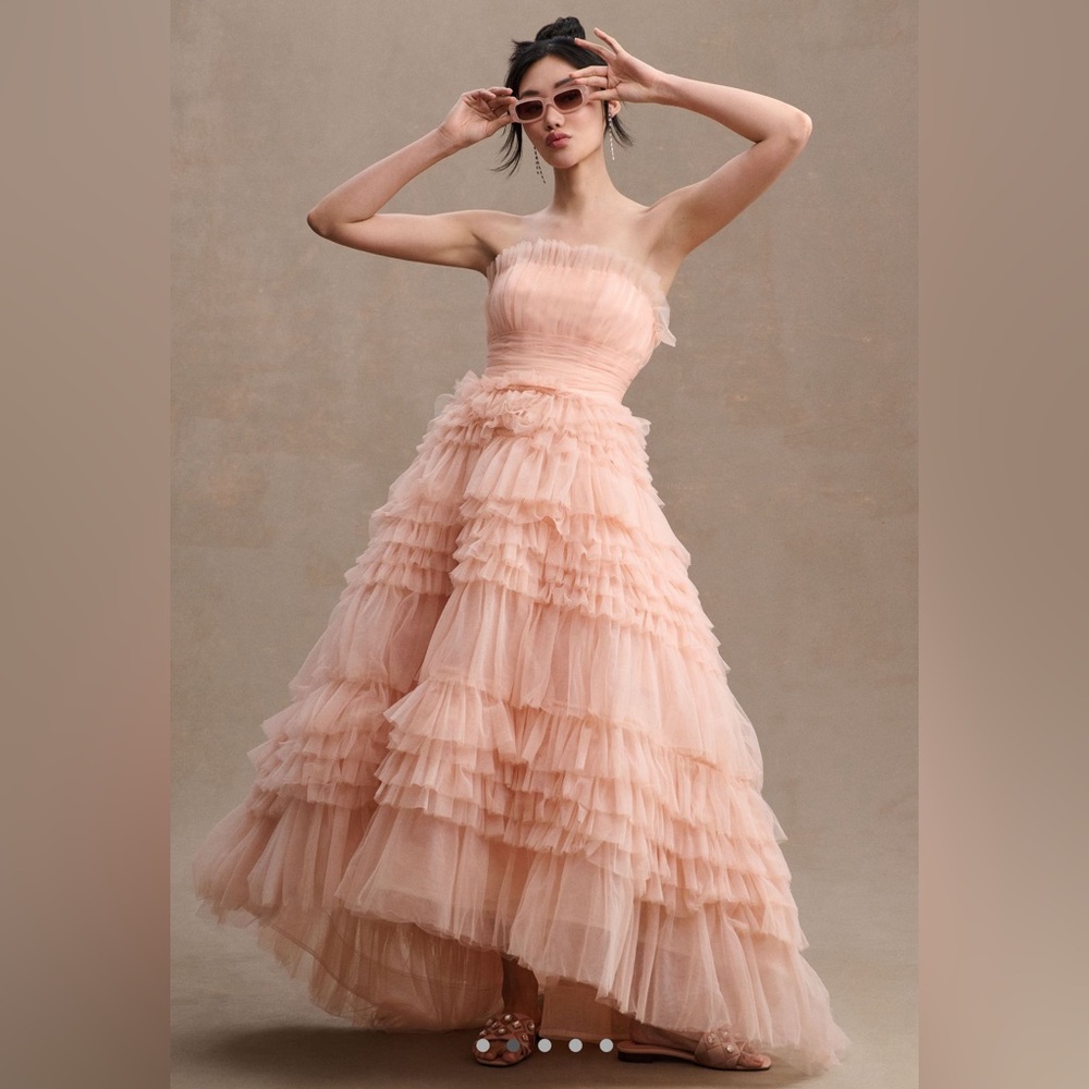 Mac Duggal Tiered Strapless Tulle A-Line High Low Gown